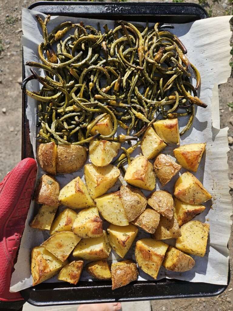 roasted potato and garlic scapes