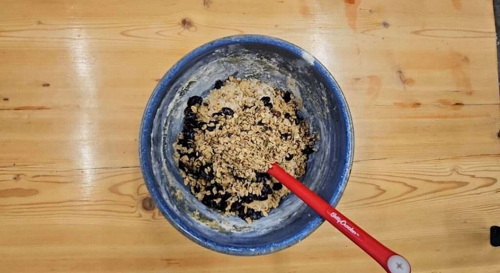 mixing haskap muffin ingredients