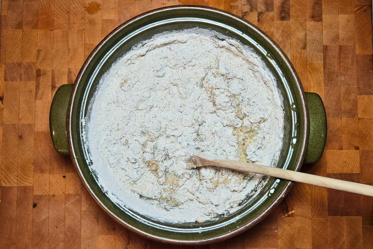 mixing dark rye sourdough bread
