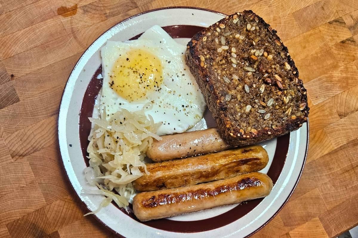 breakfast with dark rye sourdough bread and sauerkraut